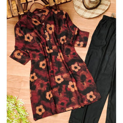 Generic Women's Muslin Printed Mandarin Collar 3-4 th Sleeve Kurti With Pant Set (Black)