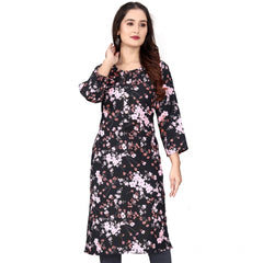 Generic Women's Rayon Printed Round Neck 3-4 th Sleeve Kurti (Black)