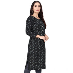 Generic Women's Rayon Printed Round Neck 3-4 th Sleeve Kurti (Black)