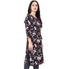 Generic Women's Rayon Printed Round Neck 3-4 th Sleeve Kurti (Black)