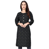 Generic Women's Rayon Printed Round Neck 3-4 th Sleeve Kurti (Black)