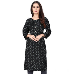 Generic Women's Rayon Printed Round Neck 3-4 th Sleeve Kurti (Black)