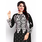 Generic Women's Georgette Printed Round Neck 3-4 th Sleeve Kurti (Black)