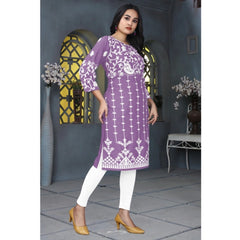 Generic Women's Rayon Printed Round Neck 3-4th Sleeve Kurti (Lavender)