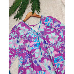 Generic Women's Rayon Printed V Neck 3-4th Sleeve Kurti With Pant Set (Purple)