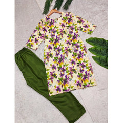 Generic Women's Rayon Printed Round Neck 3-4th Sleeve Kurti With Pant Set (Green)