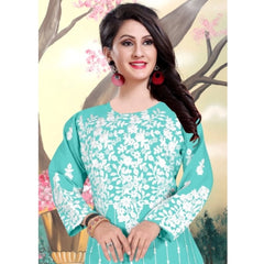 Generic Women's Georgette Printed Round Neck 3-4th Sleeve Kurti (Sky)