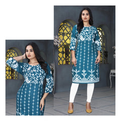 Generic Women's Rayon Printed Round Neck 3-4th Sleeve Kurti (Rama)