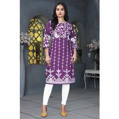 Generic Women's Rayon Printed Round Neck 3-4th Sleeve Kurti (Purple)