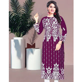 Generic Women's Rayon Printed Round Neck 3-4th Sleeve Kurti (Purple)