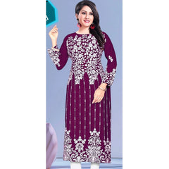 Generic Women's Rayon Printed Round Neck 3-4th Sleeve Kurti (Purple)