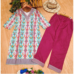 Generic Women's Rayon Printed V Neck 3-4th Sleeve Kurti With Pant Set (Pink)