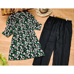 Generic Women's Muslin Printed Mandarin Collar 3-4th Sleeve Kurti With Pant Set (Green)