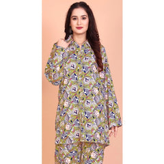 Generic Women's Rayon Printed Mandarin Collar Full Sleeve Co Ord Set (Green)