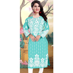 Generic Women's Georgette Printed Round Neck 3-4th Sleeve Kurti (Sky)