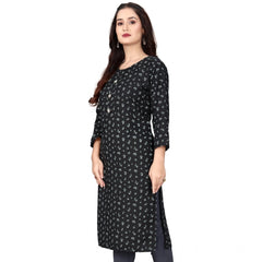 Generic Women's Rayon Printed Round Neck 3-4 th Sleeve Kurti (Black)