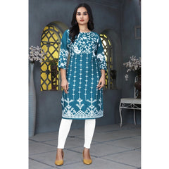 Generic Women's Rayon Printed Round Neck 3-4th Sleeve Kurti (Rama)