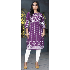 Generic Women's Rayon Printed Round Neck 3-4th Sleeve Kurti (Purple)