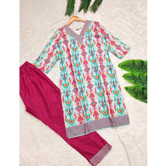 Generic Women's Rayon Printed V Neck 3-4th Sleeve Kurti With Pant Set (Pink)