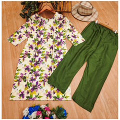 Generic Women's Rayon Printed Round Neck 3-4th Sleeve Kurti With Pant Set (Green)