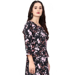 Generic Women's Rayon Printed Round Neck 3-4 th Sleeve Kurti (Black)