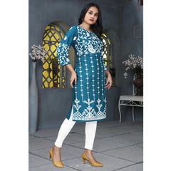 Generic Women's Rayon Printed Round Neck 3-4th Sleeve Kurti (Rama)