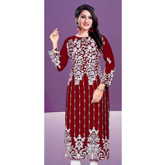 Generic Women's Rayon Printed Round Neck 3-4th Sleeve Kurti (Maroon)