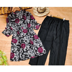 Generic Women's Muslin Printed Mandarin Collar 3-4th Sleeve Kurti With Pant Set (Grey)