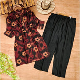 Generic Women's Muslin Printed Mandarin Collar 3-4 th Sleeve Kurti With Pant Set (Black)