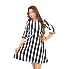 Generic Women's Crep Striped Short Sleeve Dress (Black-White )