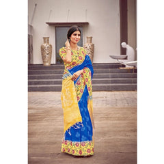 Generic Women's Cotton Blend Printed Saree With Unstitched Blouse (Blue, 5-5 Mtrs)