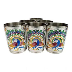 Generic Steel Meenakari Peacock Design Decorative Glass Set (Silver)