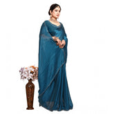 Generic Women's Georgette Satin Silk Saree With Unstitched Blouse 5.5Mtr (Blue)