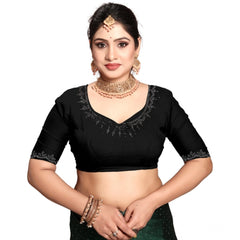 Generic Women's Georgette Satin Silk Saree With Unstitched Blouse 5.5Mtr (Black)