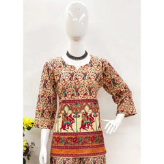 Generic Women's Cotton Jaipuri Printed 3-4th Sleeve Co ord Set (Multicolor)