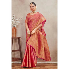 Generic Women's Silk Blend Floral Printed Saree With Unstitched Blouse 5.5Mtr (Peach)