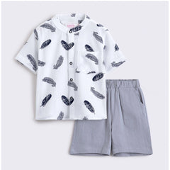 Generic Boy's Cotton Blend Printed Short Sleeve Shirt and Shorts Set (White)