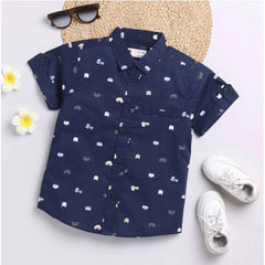 Generic Boy's Cotton Blend Printed Short Sleeve Shirt and Shorts Set (Navy Blue)
