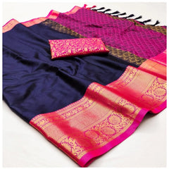 Generic Women's Cotton Silk Floral Print Saree With Unstitched Blouse 5.5Mtr (Navy Blue)