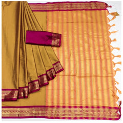 Generic Women's Cotton Silk Solid Saree With Unstitched Blouse 5.5Mtr (Yellow)