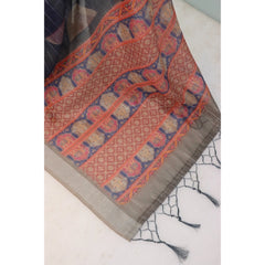 Generic Women's Linen Digital Print Saree With Unstitched Blouse 5.5Mtr (Blue)