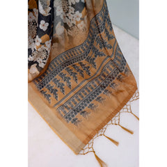 Generic Women's Linen Digital Print Saree With Unstitched Blouse 5.5Mtr (Black)