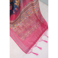 Generic Women's Linen Digital Print Saree With Unstitched Blouse 5.5Mtr (Blue)