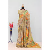 Generic Women's Linen Digital Print Saree With Unstitched Blouse 5.5Mtr (Multicolor)