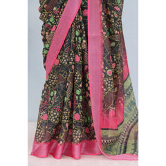 Generic Women's Linen Digital Print Saree With Unstitched Blouse 5.5Mtr (Multicolor)