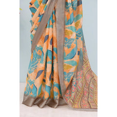 Generic Women's Linen Digital Print Saree With Unstitched Blouse 5.5Mtr (Green)
