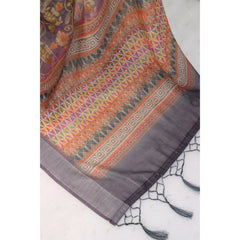 Generic Women's Linen Digital Print Saree With Unstitched Blouse 5.5Mtr (Grey)
