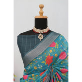Generic Women's Linen Digital Print Saree With Unstitched Blouse 5.5Mtr (Green)