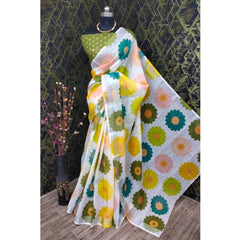 Generic Women's Cotton Linen Woven Design Saree With Unstitched Blouse 5.5Mtr (Green)