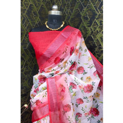Generic Women's Cotton Linen Woven Design Saree With Unstitched Blouse 5.5Mtr (Red)